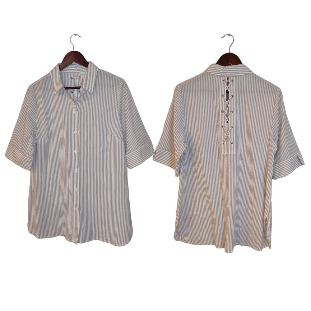 Chico's White Tan Striped Short Sleeve Button Lace Up‎ Shirt Top 100% Cotton M